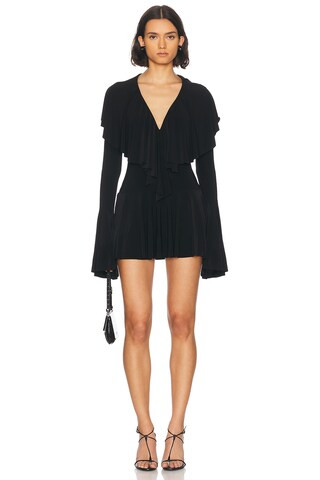 Norma Kamali Long Sleeve Deep V Ruffle Mini Dress in Black | FWRD | FWRD 