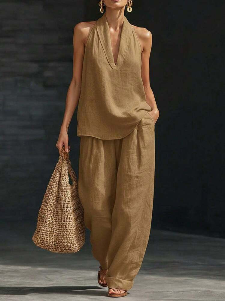 Breathable Thin Linen 2 Piece Set, V Neck Tank Top & High Waist Wide Leg Pants, Summer Beach Vaca... | SHEIN