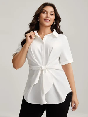 Plus Size Originalwhite Knotted Front Asymmetrical Hem Blouse Women Short sleeve Shirt collar Work Blouses BloomChic 14-16/1X | Bloomchic