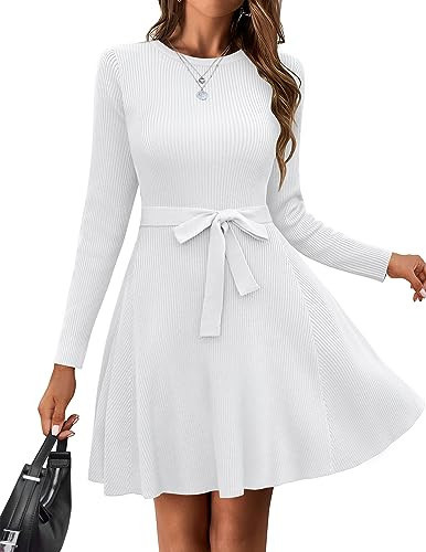 HOTOUCH Women Crewneck Long Sleeve Fall Winter Dress Casual Slim Sweater Dress Tie Waist Swing Pullover Dress White L | Amazon (US)