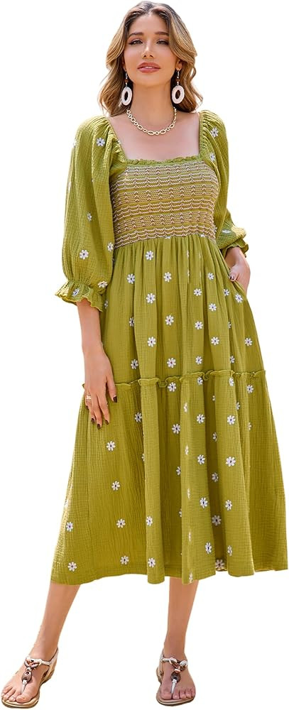R.Vivimos Women's Long Sleeve Cotton Boho Midi Dress Vintage Square Neck Floral Embroidered Tiere... | Amazon (US)