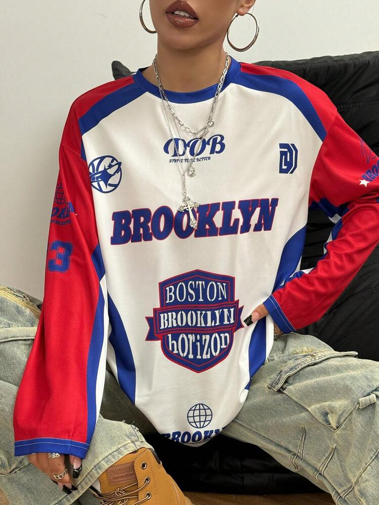 StreetHx Women's Letter Print Mesh Contrast Oversized T-Shirt Graphic Tees Women Tops | SHEIN