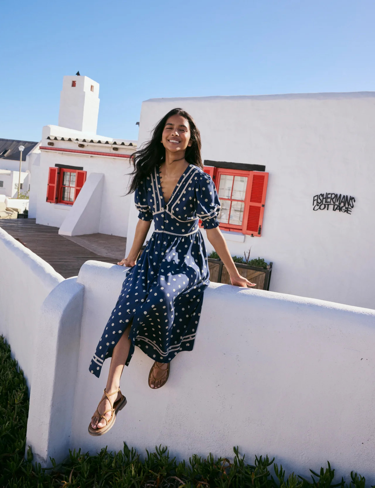 Navy Polka Dot Puff Sleeve Saffy Midi Dress | Nobody's Child