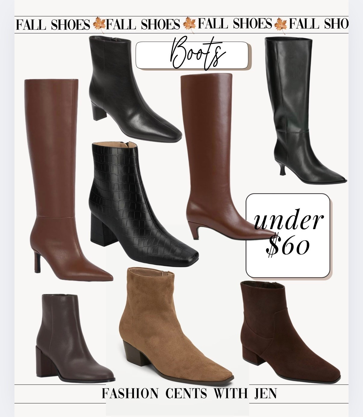 Fall boots you're going to want to wear! All under $60! 



Fall boots

Fall finds 
Fall shoes 
Kitten heel boots
Knee high boots
Square toe boots 
