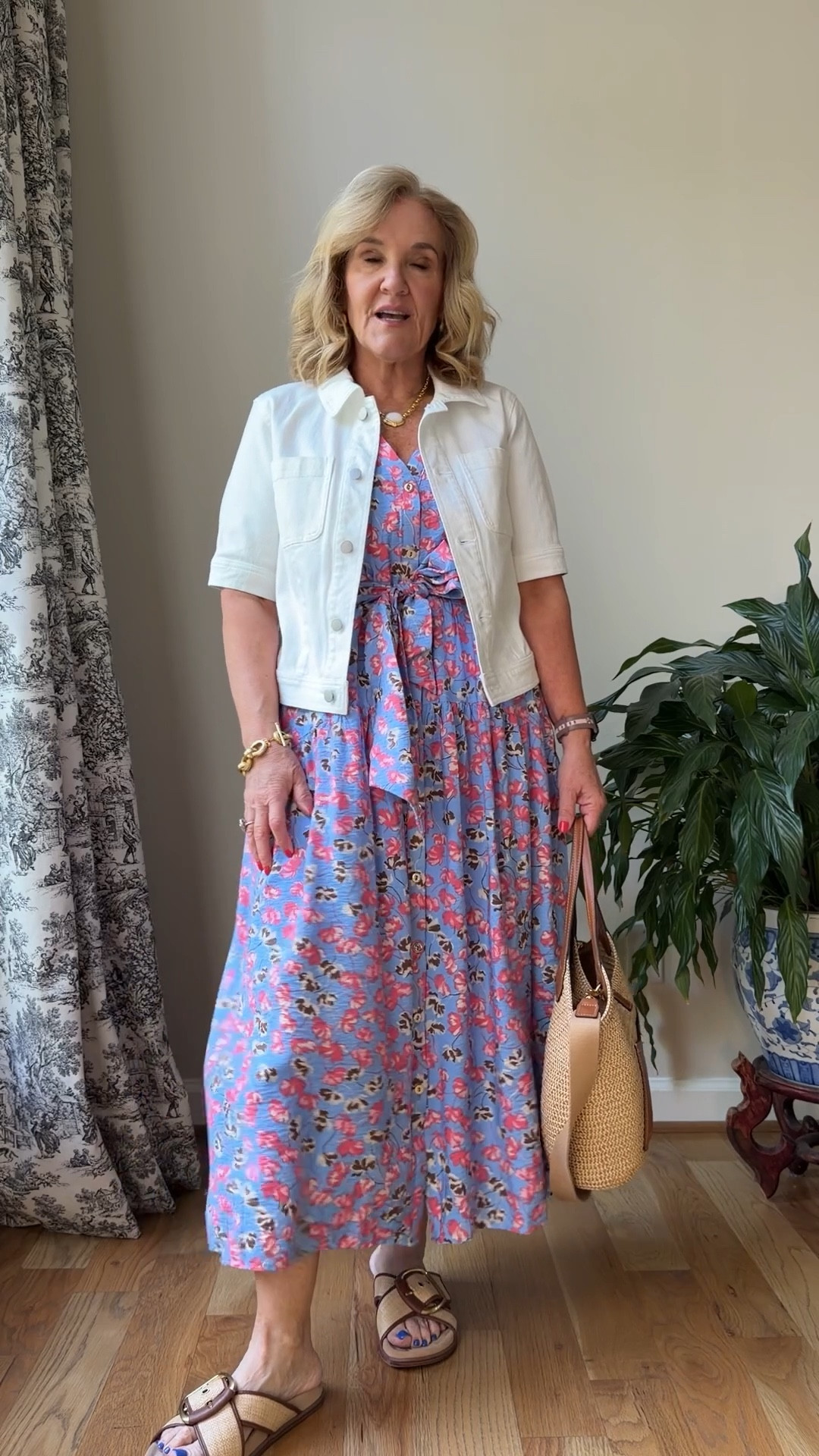 Dress size medium reg also comes in petite 

Linen blazer size medium 
Sandals tts and they’re fabulous 
White denim jacket size medium 
10% off my bag with code NANETTE
Wedding guest graduation shower dress Sunday dress

#LTKSaleAlert #LTKOver40 #LTKWorkwear