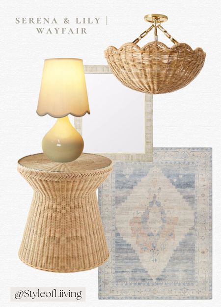 Home finds from Serena & Lily and Wayfair! Area rug, woven side table, scalloped ceiling pendant, table lamp, bone inlay rectangular wall mirror.

#LTKSaleAlert #LTKHome #LTKStyleTip