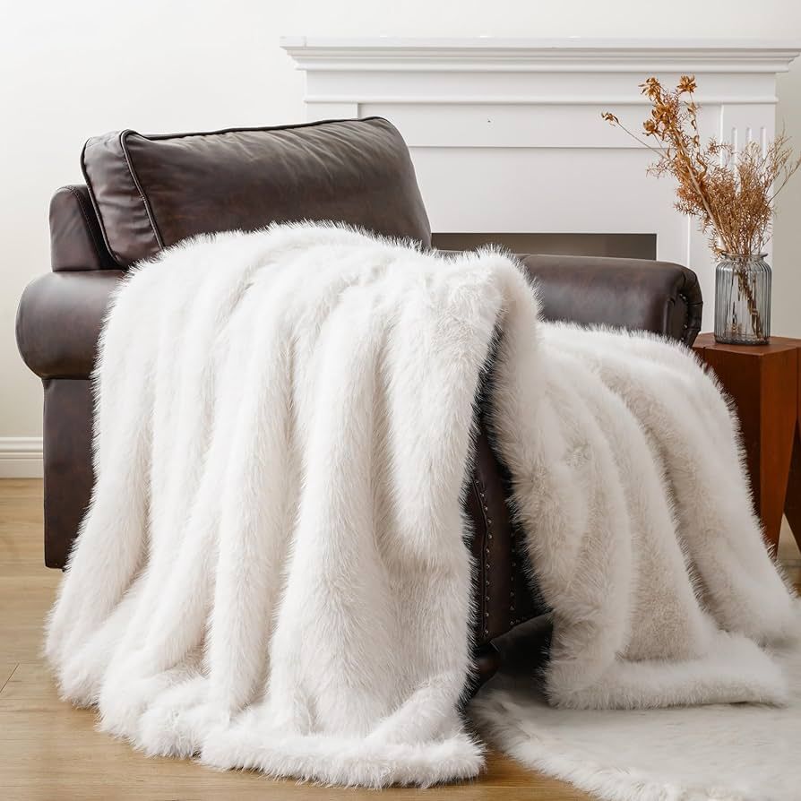 BATTILO HOME Luxury White Fluffy Faux Fur Throw Blanket, Large Fur Blankets and Throws for Couch, Be | Amazon (US)