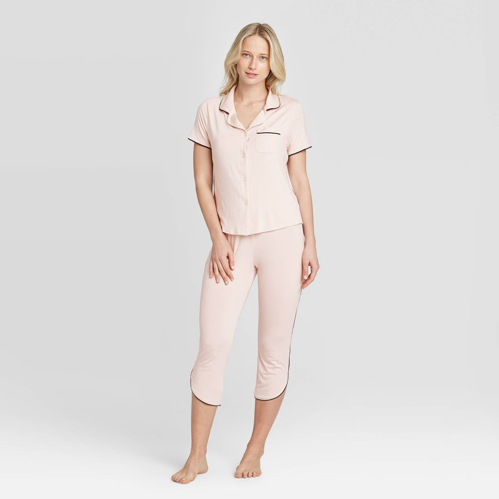 Women's Beautifully Soft Crop Notch Collar Pajama Set - Stars Above Soft Pink L | Target