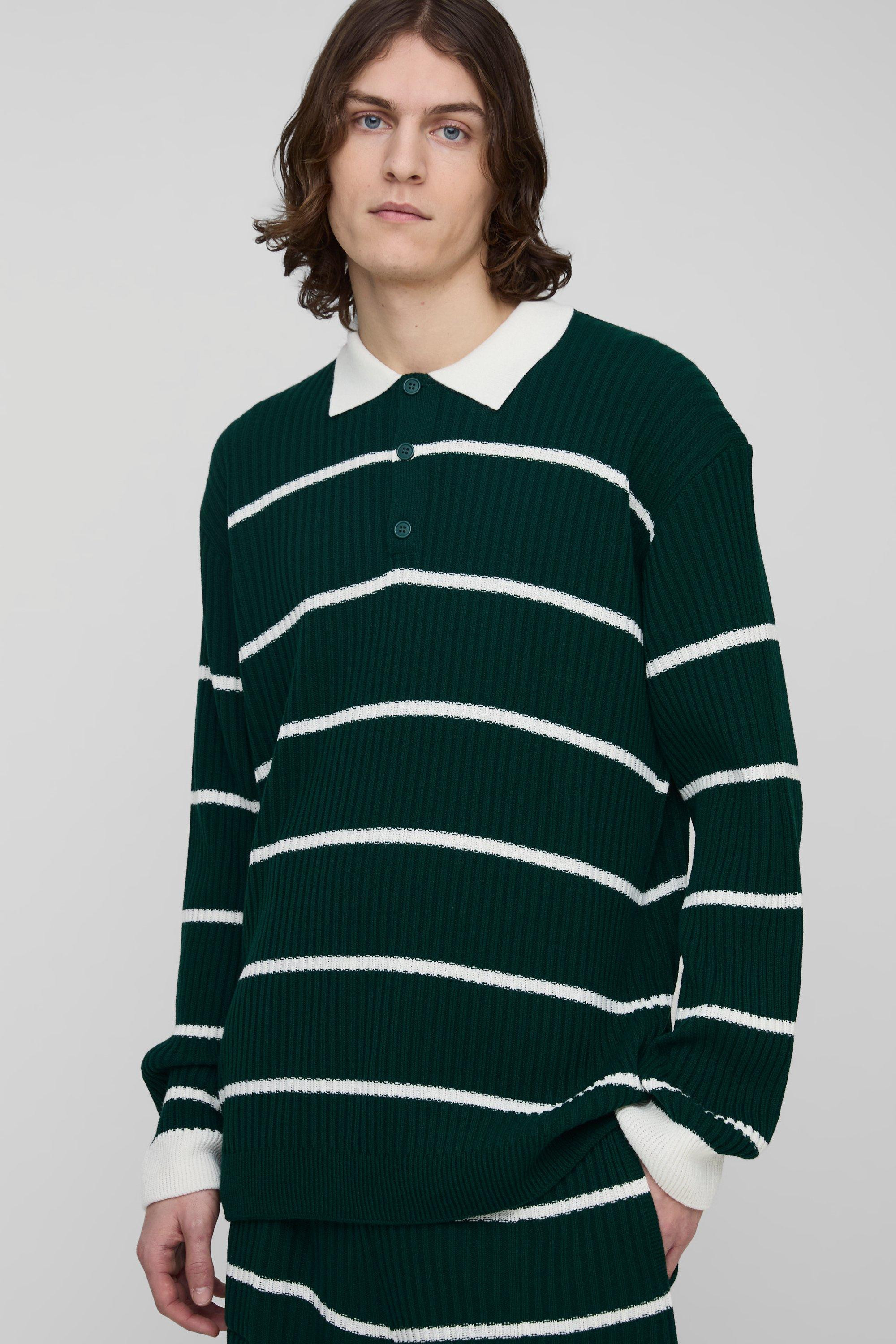Tall Stripe Knitted Oversized Rugby Polo | boohooMAN (US & Canada)