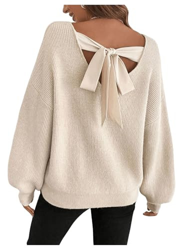 MakeMeChic Women's Bow Sweater Tie Back Long Sleeve Crew Neck Knitted Sweater Pullover Tops | Amazon (US)