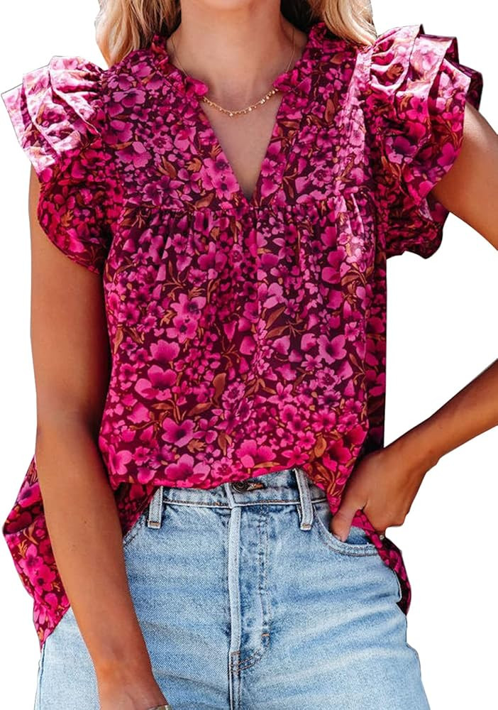 LOLONG Womens V Neck Ruffle Long/Short Sleeve Tops Dressy Casual Floral Boho Blouses Shirts | Amazon (US)