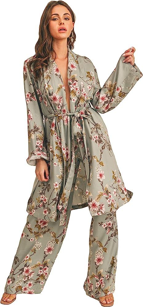STRALUCISHOP Women's 2 Piece Set - Floral Print Long Sleeve Wrap Robe Top and Wide Leg Pants Loun... | Amazon (US)