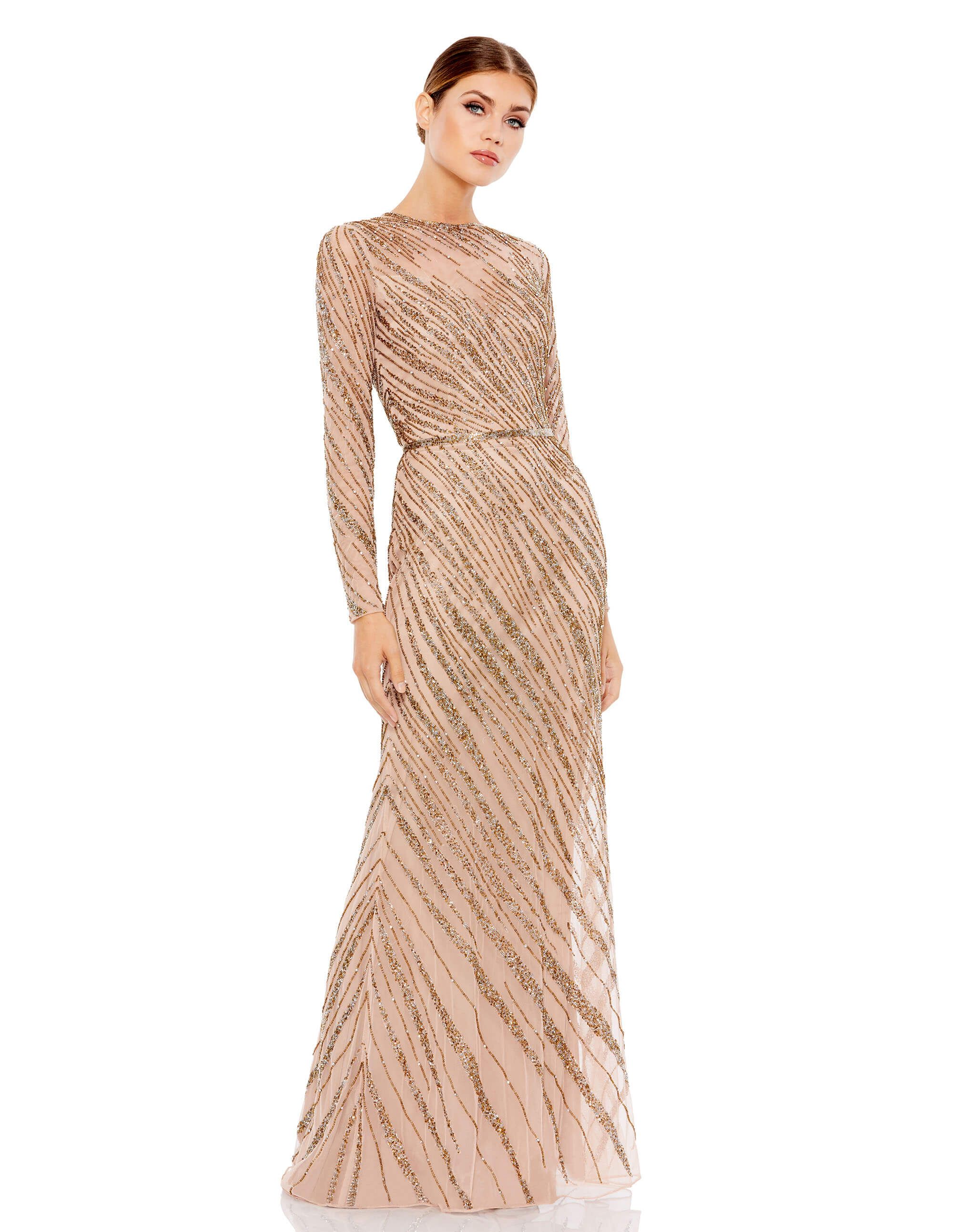 Long Sleeve Beaded Column Gown | Mac Duggal