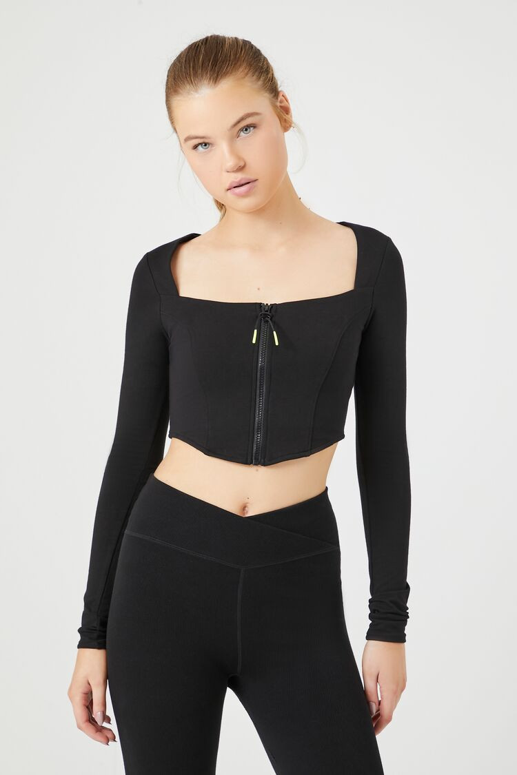 Women's Active Zip-Up Curved-Hem Crop Top in Black Large | Forever 21