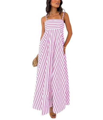 chouyatou Women's Striped Back Smocked Maxi Dress Sexy Spaghetti Strap Ruffle Hem Bohemian Flowy Swing Long Dress (Small, Pink) | Amazon (US)