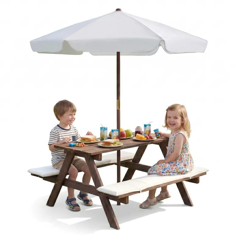 OLAKIDS Kids Picnic Table, Outdoor Wooden Bench Set with Cushions Adjustable Foldable Umbrella fo... | Walmart (US)