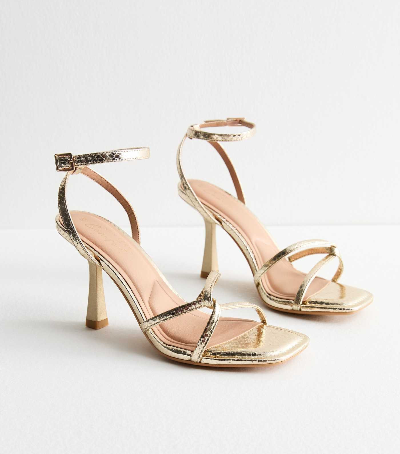 Gold Intertwined Strap Faux Leather Heeled Sandals | New Look | New Look (UK)