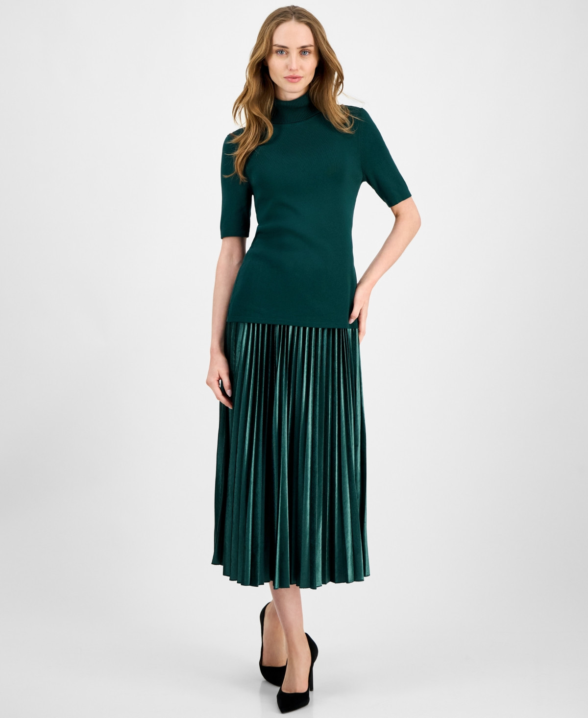 Anne Klein Women's Velvet Pleated Flared Midi Skirt - Pine Forest | Macy's