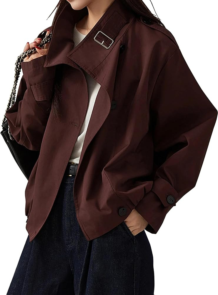 Jackets for Women Trendy Vintage Trench Coat Turtleneck Crop Jackets with Pockets | Amazon (US)