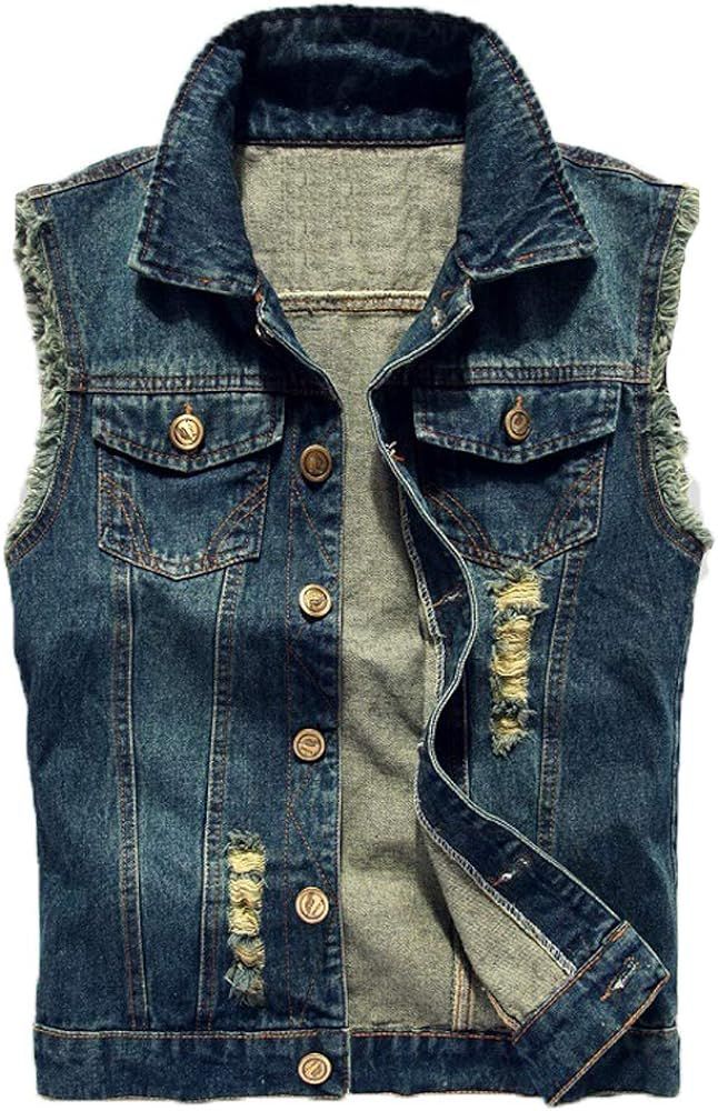 Saukiee Men's Casual Lapel Denim Vest Jacket Vintage Slim Fit Sleeveless Ripped Jeans Vests | Amazon (US)