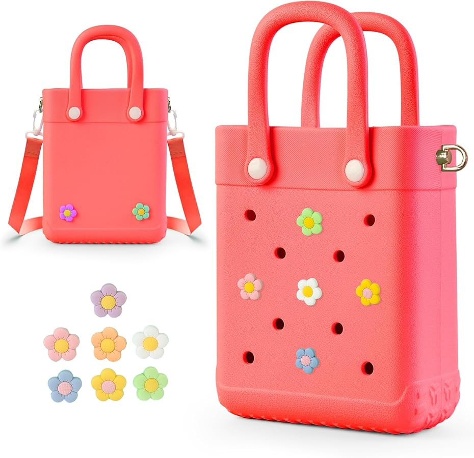 Mini Crossbody Rubber Tote Bag with 7 Charms X-Small Rubber Beach Bag for Little Girls and Woman | Amazon (US)