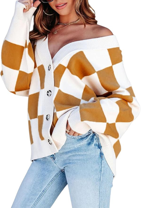 Dokotoo Womens Plaid V Neck Button Down Long Sleeve Cable Knit Oversized Cardigan Sweaters Tops | Amazon (US)