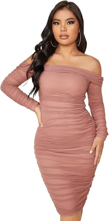 SheIn Women's Ruched Off Shoulder Bodycon Dress Long Sleeve Mesh Knee Length Dresses | Amazon (US)