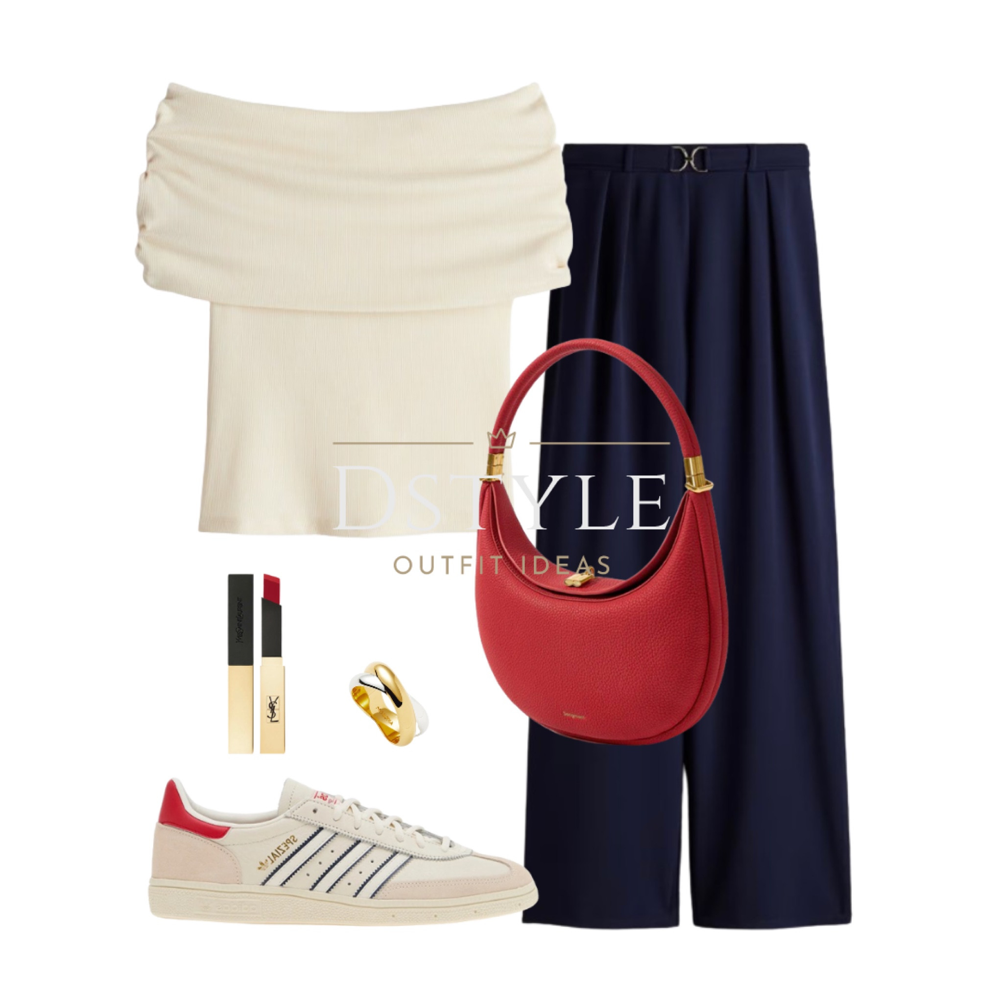 Cream Ribbed off-the-shoulder top, navy tailored trousers, Adidas Spezial with red accent, red luna bag

#LTKWorkwear #LTKStyleTip #LTKFindsUnder50