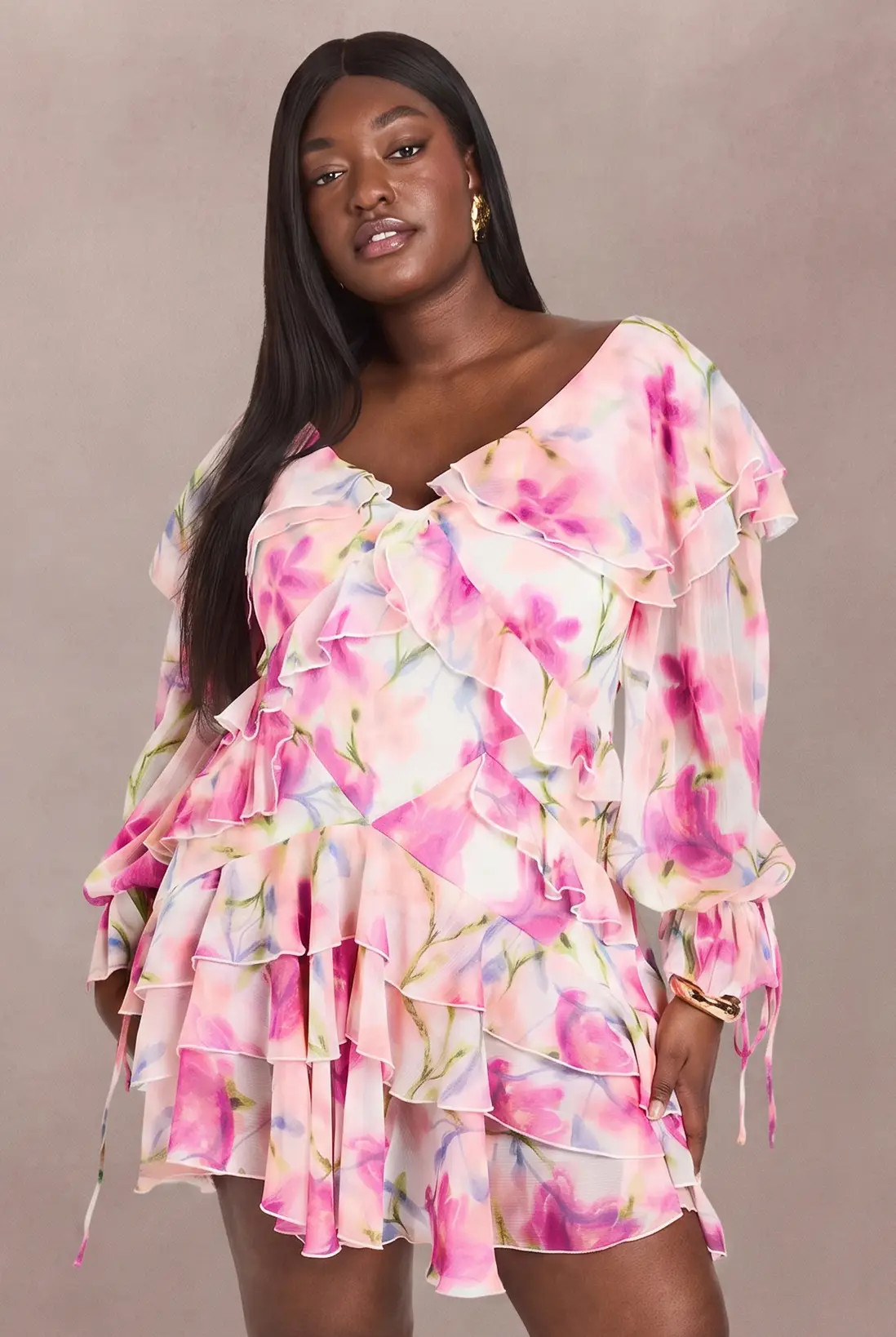 Pink Plus Floral Chiffon Ruffle Mini Dress | Boohoo | Boohoo.com (UK & IE)