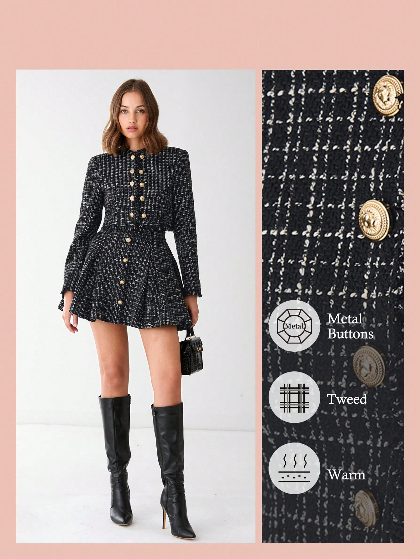 Enchnt Autumn Romantic Women's Black Plaid Fashionable Metal Buttons Decor Long Sleeve Fringe Cas... | SHEIN