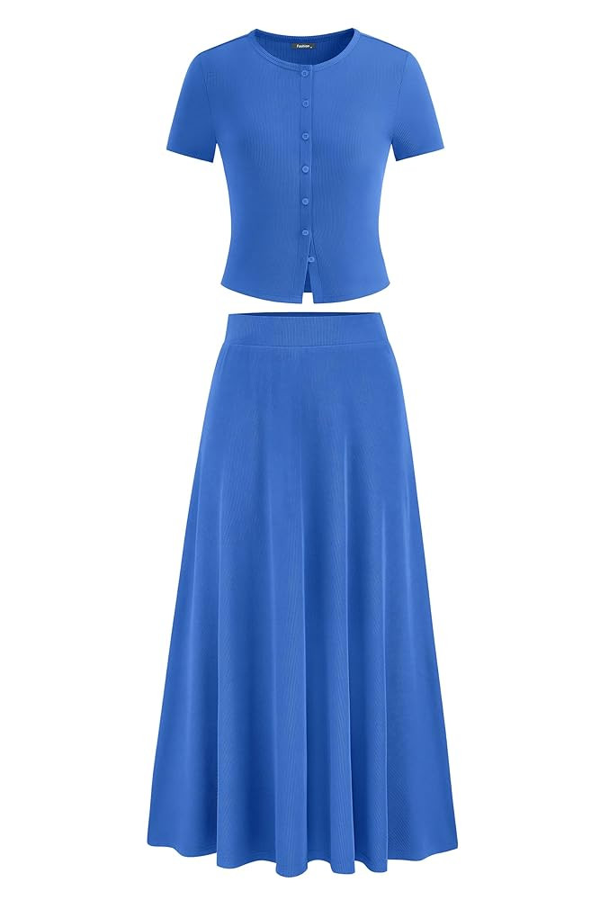 PRETTYGARDEN Women's 2 Piece Skirt Sets Summer Short Sleeve Button Up Knit Crop Top Flowy Maxi Sk... | Amazon (US)