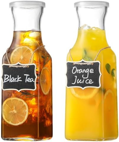 Set of 2 Square Glass Carafe, 1 Liter Clear Glass Pitcher with Lid, Beverage Serveware Carafe for... | Amazon (US)
