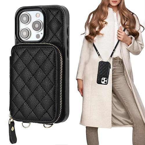 Bocasal Crossbody Wallet Case for iPhone 15 Pro, RFID Blocking PU Leather Zipper Handbag Purse Flip Cover, Kickstand Folio Case with Card Slots Holder Wrist Strap Lanyard 5G 6.1 Inch (Black) | Amazon (US)