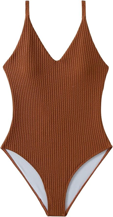 SweatyRocks Women's V Neck One Piece Bathing Suit Strappy Ribbed Monokini Swimsuit | Amazon (US)