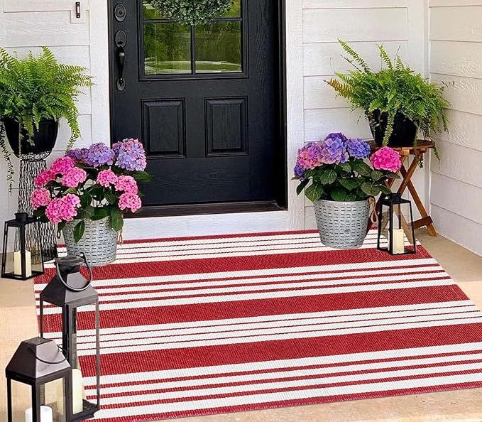 Red and White Outdoor Rug 3'x 5' Hand-Woven Cotton Washable Rug Striped Front Porch Rug Machine W... | Amazon (US)