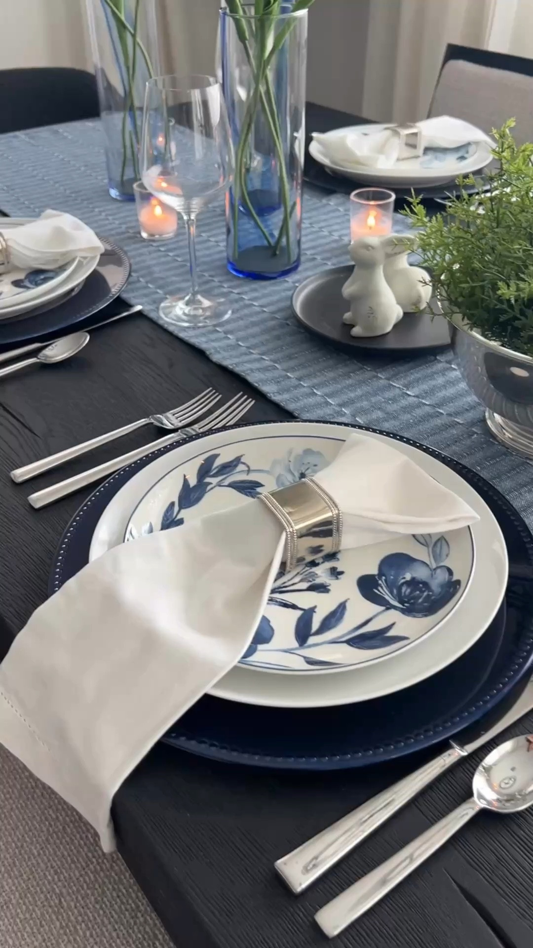 Brunch table for Easter or spring! Blue table decor, Easter table decor, blue table runner, real touch tulips, blue floral plates, blue cylinders, silver napkin rings
