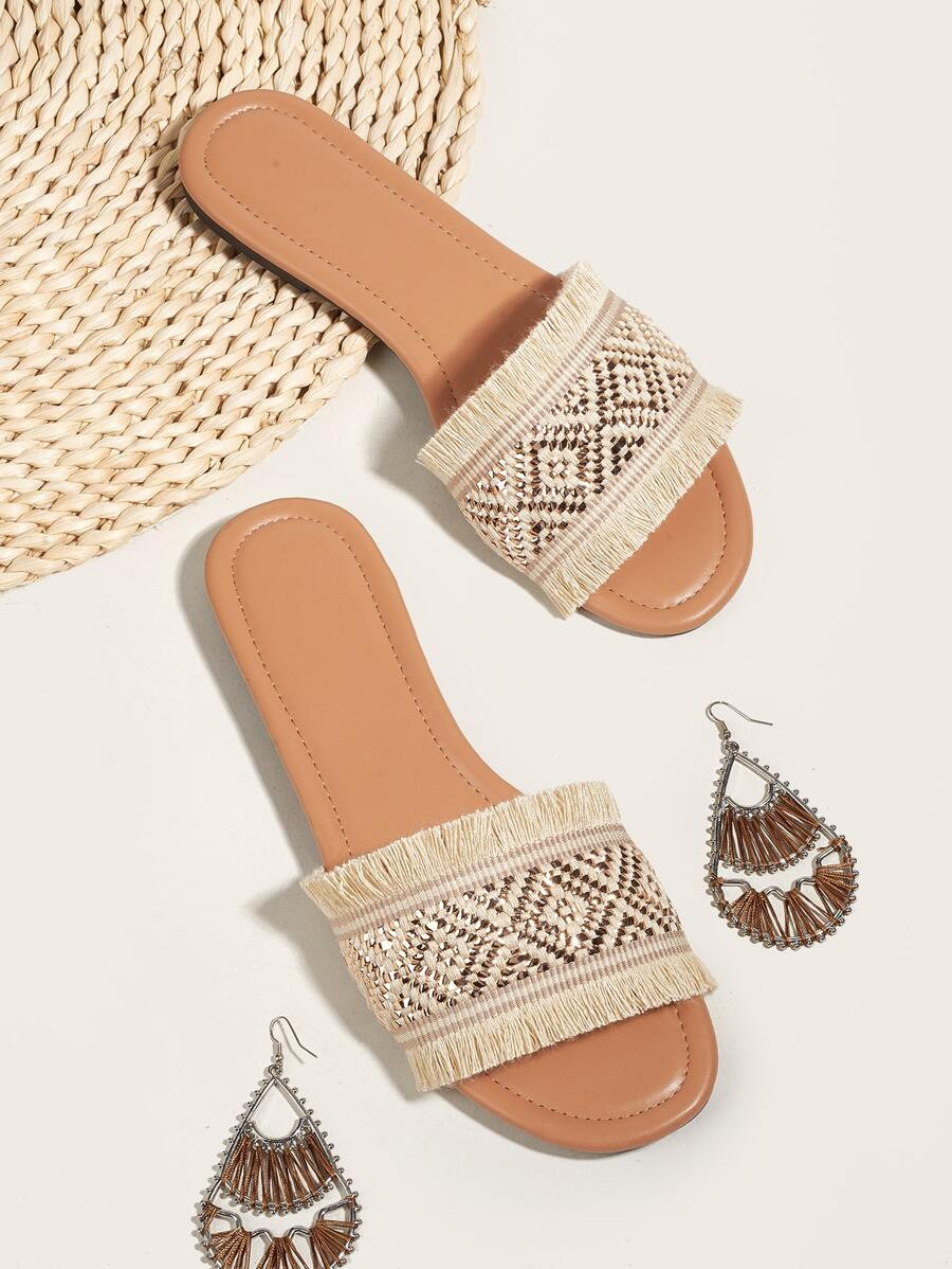 Argyle Pattern Fringe Trim Slide Sandals | SHEIN