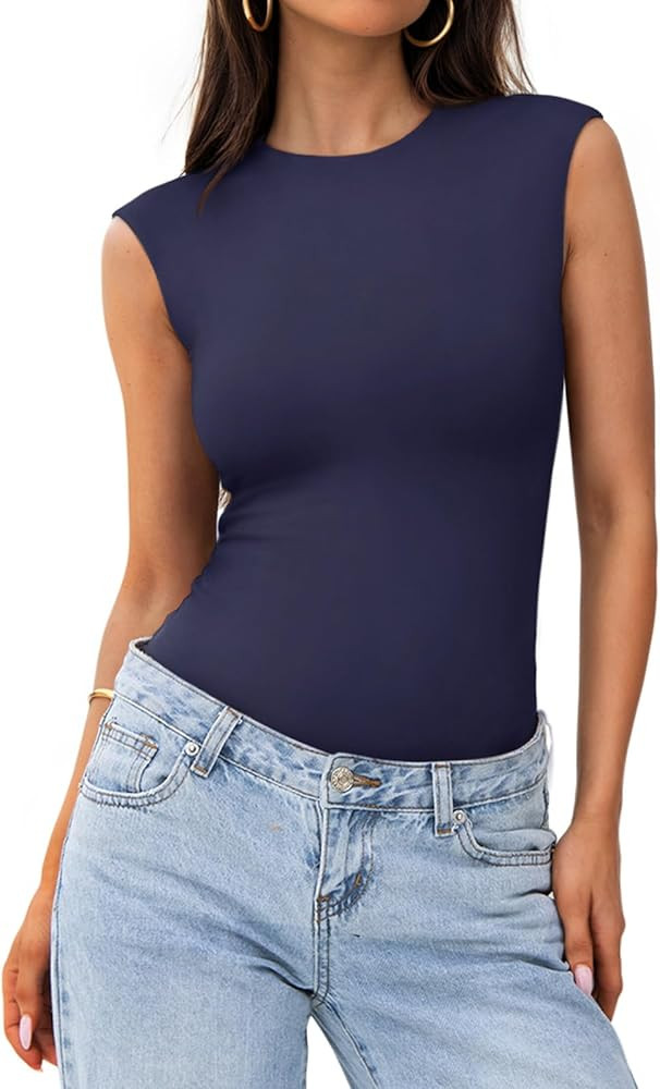 PINKMSTYLE Womens Crew Neck Sleeveless Bodysuit Double Lined Stretchy Fitted Basic Thong Body sui... | Amazon (US)