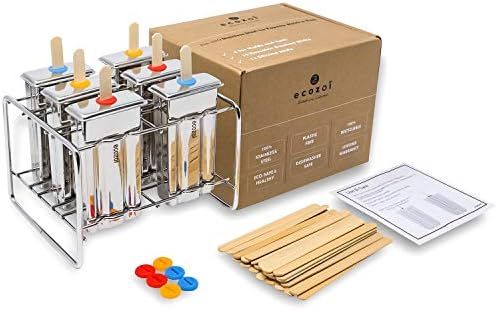 ecozoi Stainless Steel Popsicle Molds and Rack - 6 Square Ice Pop Makers + 30 Reusable Bamboo Sti... | Amazon (US)