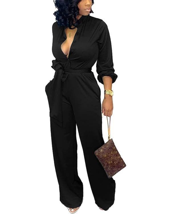 Women's Sexy Jumpsuits Elegant Long Sleeve Straight Long Pants Clubwear Rompers with Pockets | Amazon (US)