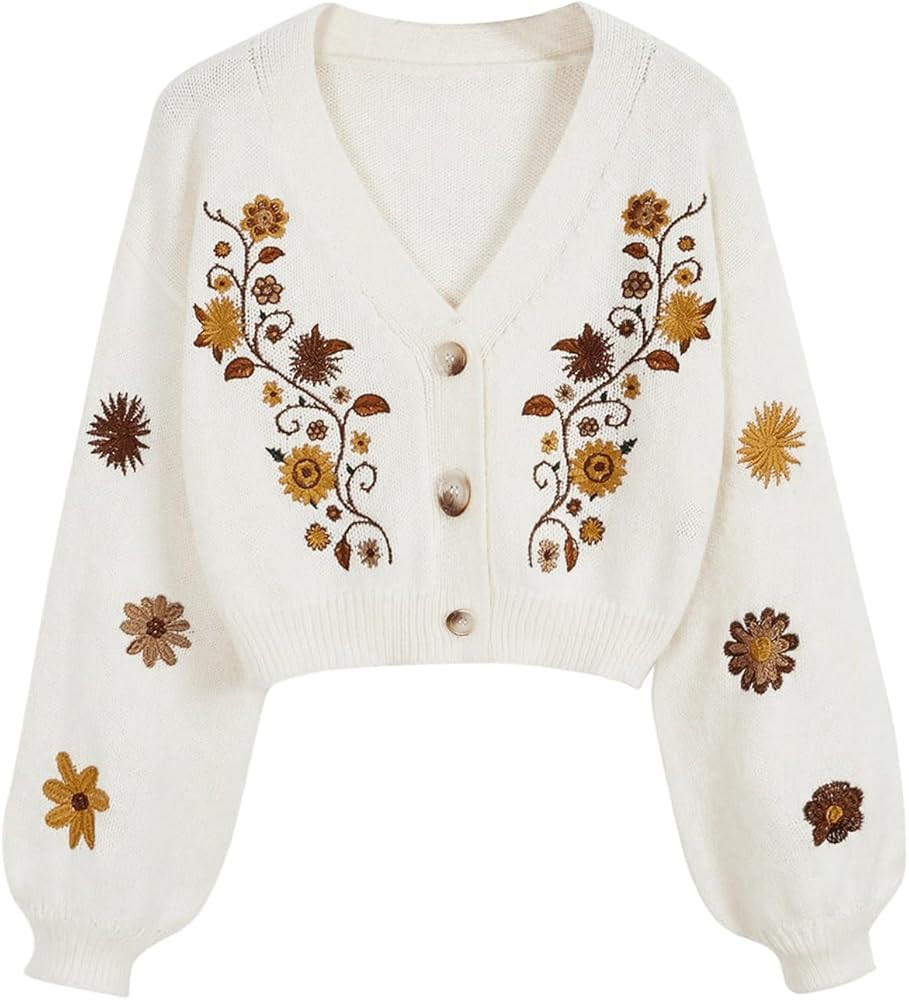 Women's Floral Boho Cardigan Sweater Cottagecore Cropped Cardigan Western Embroidery Button Down ... | Amazon (US)