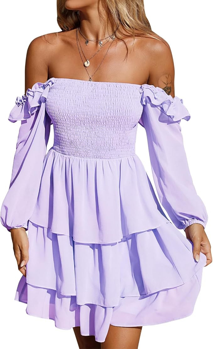 Byinns Women's Smocked Ruffle Mini Dress Square Neck Long Sleeve Party Dress Cute Cottagecore Wed... | Amazon (US)