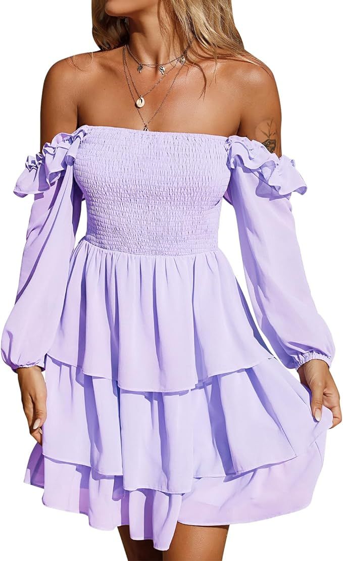Byinns Women's Smocked Ruffle Mini Dress Square Neck Long Sleeve Party Dress Cute Cottagecore Wed... | Amazon (US)