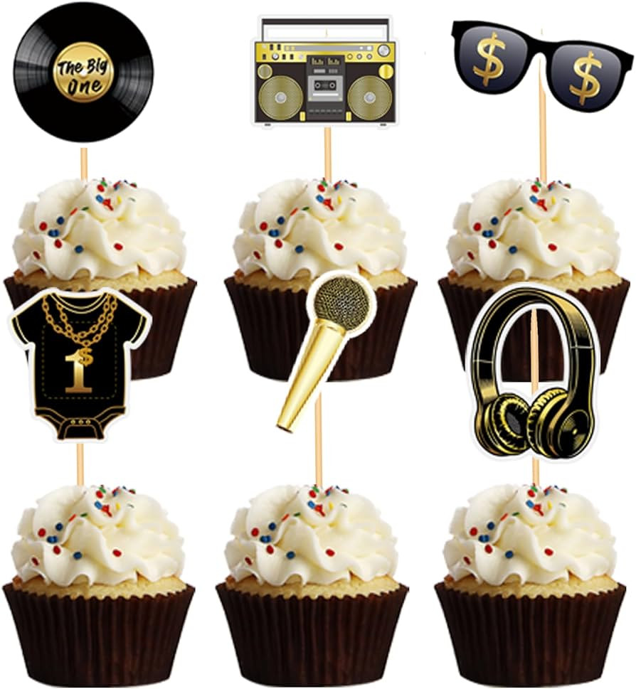 Notorious One 48 Pcs Gold Cake Toppers, Hip Hop Party Decorations for 1st Birthday Party, Premium... | Amazon (US)