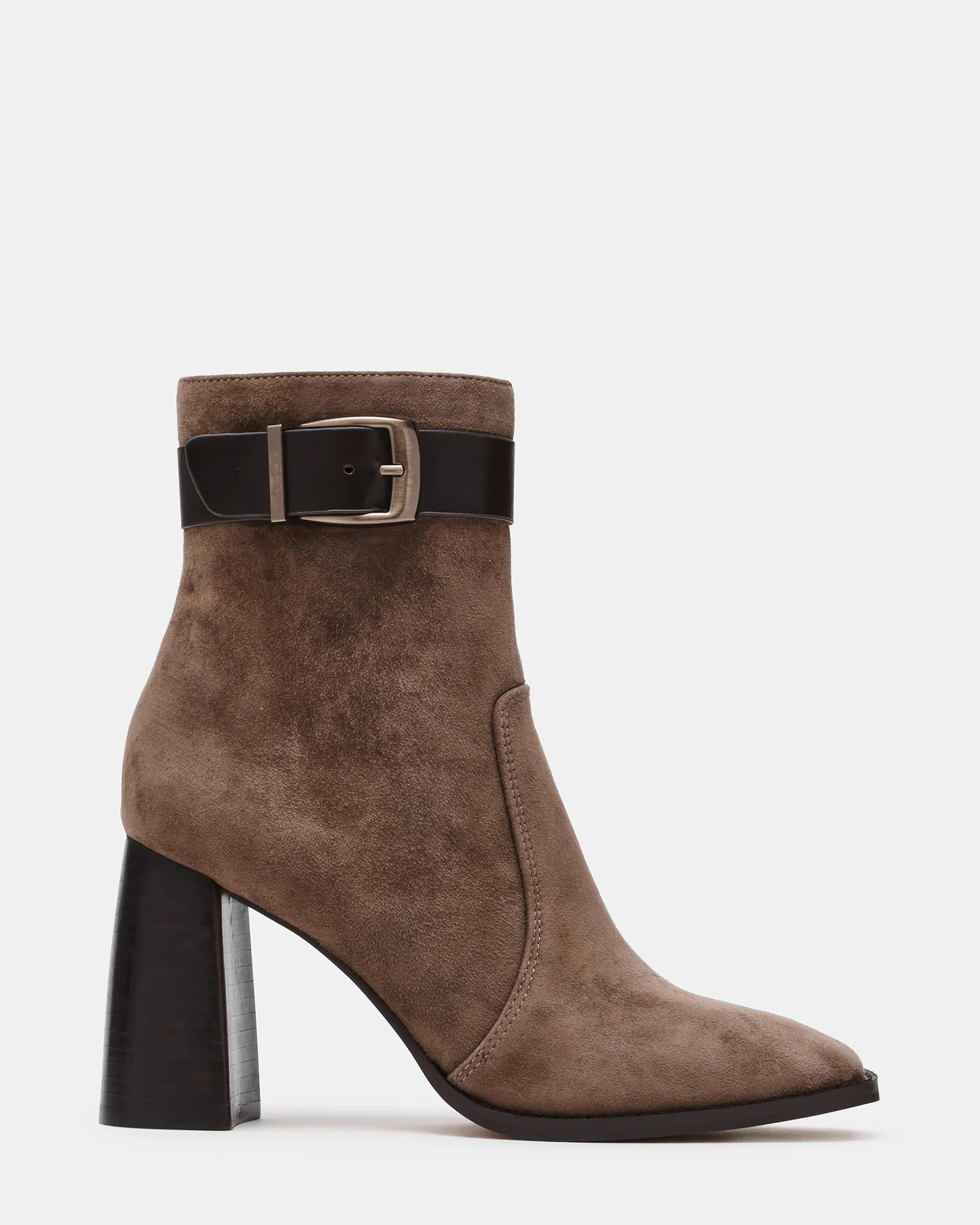 MANDA Taupe Suede Buckle Square-Toe Women's Ankle Boot | Steve Madden (US)