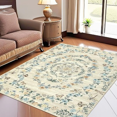 Large Floral 9x12 Rug for Living Room, Bedroom, Soft Washable Carpet, Non-Slip, Stain-Resistant, Foldable for Dining, Beige | Target