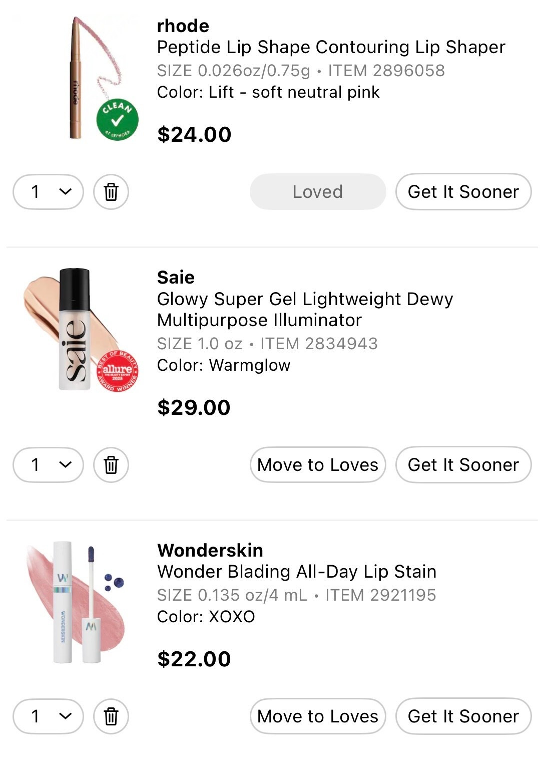 What’s in my Sephora cart 🛒

Rhode Peptide Lip Shape Contouring Lip Shaper in Lift

Saie Glowy Super Gel Lightweight Dewy Multipurpose Illuminator in Warm Glow

Wonderskin Wonder Blading All-Day Lip Stain in XOXO

#SephoraCart #SephoraFinds #BeautyEdit #MakeupEssentials #LipLinerLove #GlowySkin #DewyMakeup #NoMakeupMakeup #EverydayGlam #CleanBeautyFavorites #SaieBeauty #Wonderskin #RhodeSkin #MakeupWishlist #SpringBeauty

#LTKgrwm #LTKmorningroutine #LTKBeauty