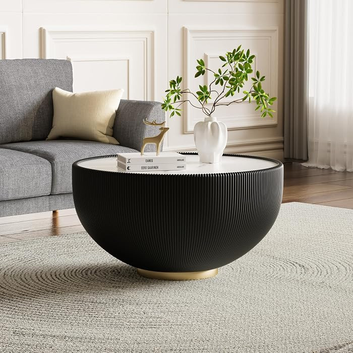27.55" Round Coffee Table with Marbled Top, Modern Black Coffee Table with PU Leather Metal Base,... | Amazon (US)