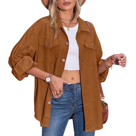 Beaully Women s Corduroy Button Down Shirts Casual Long Sleeve Oversized Jacket Shacket（brown） | Walmart (US)