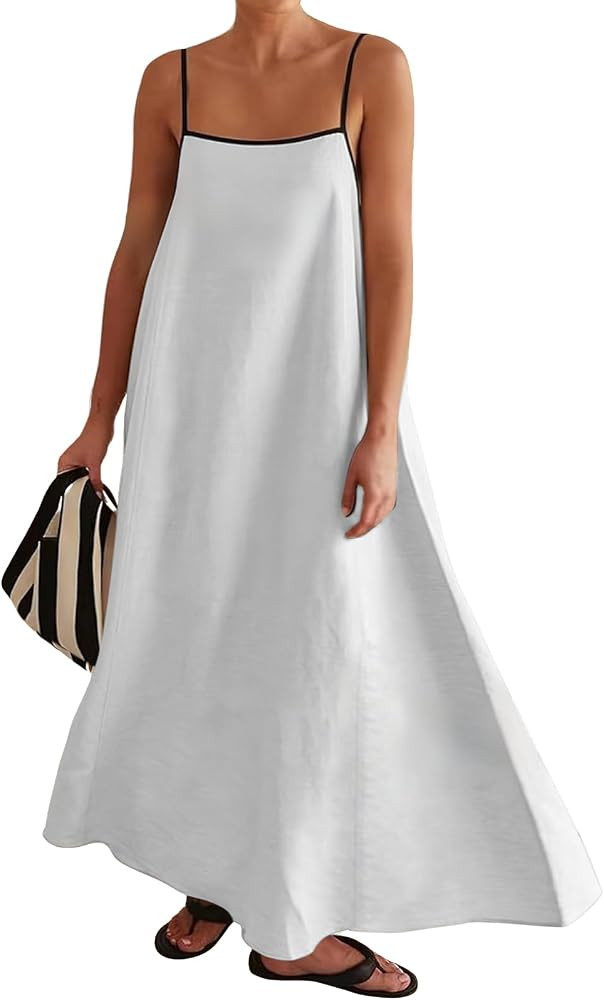 ebossy Women's Spaghetti Strap Linen Dress Contrast Trim Side Slit Slouchy Loose Maxi Long Dress | Amazon (US)